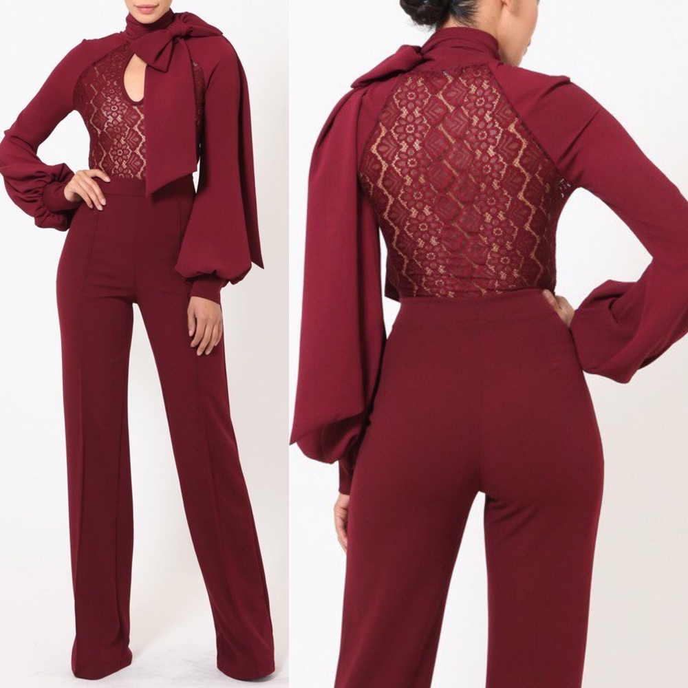 Burgundy lace top jumpsuit - Picture 6 of 7